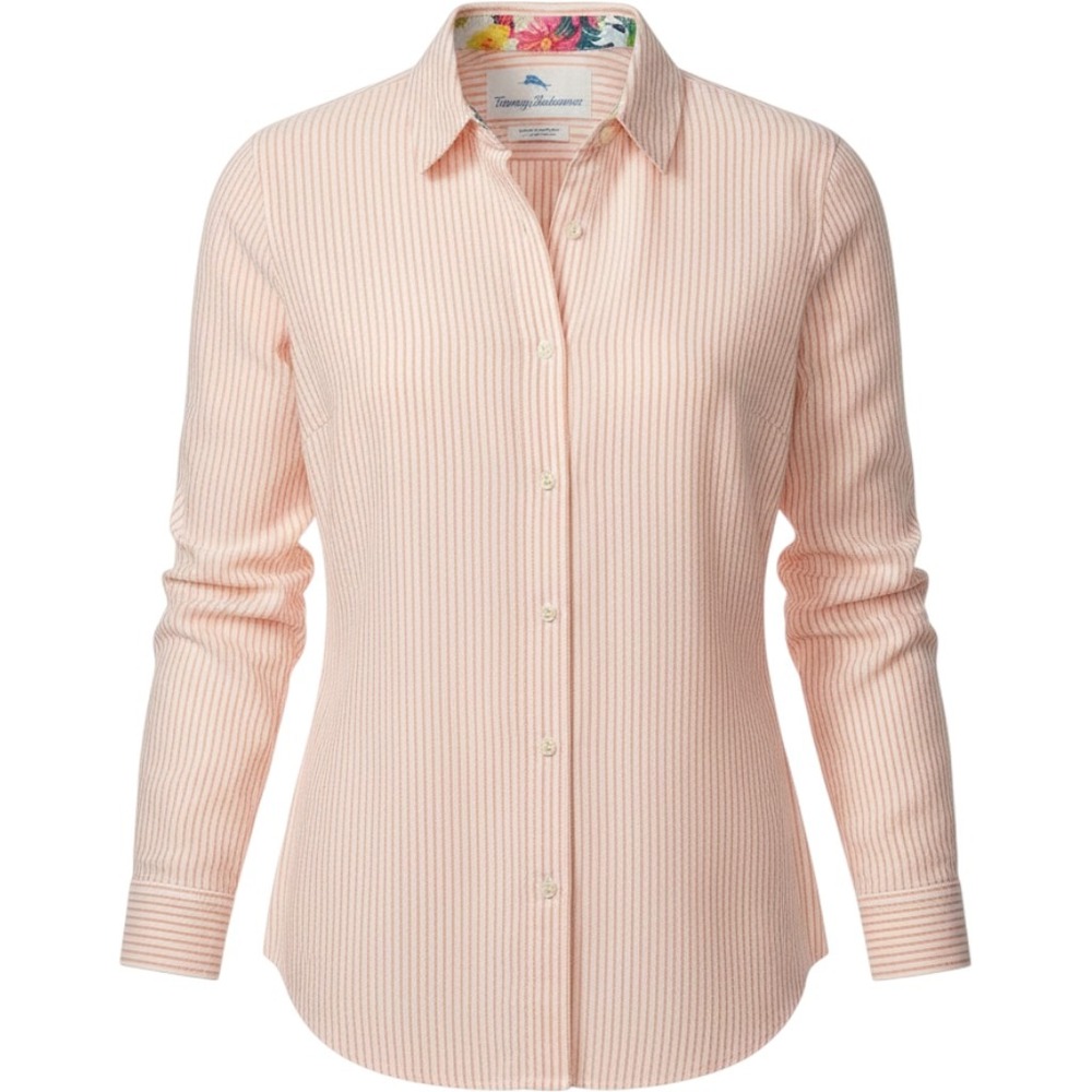 Tommy Bahama Womens White Pink Minimalist Striped 100% Linen Button Down Shirt S
